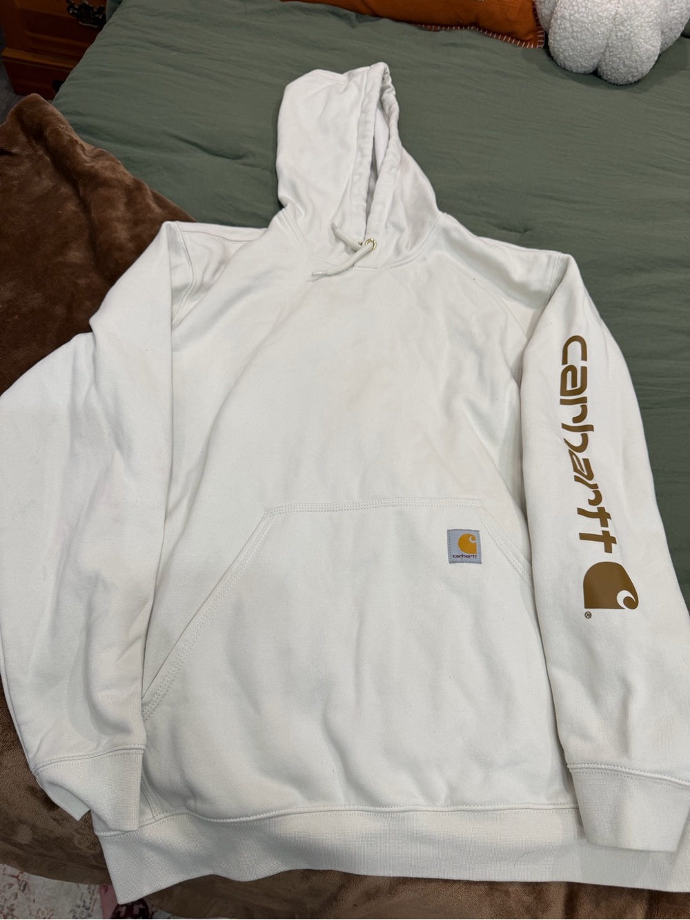 Carhartt Cream Hoodie with Gold Sleeve Logo
